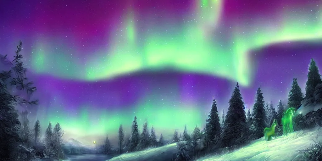 Image similar to beautiful northen lights, fantasy, digital painting, HD, 4k, detailed, artwork