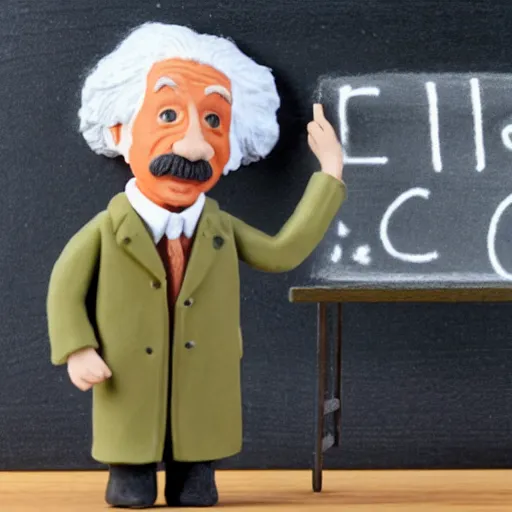 Prompt: claymation miniature scene of albert einstein standing in front of miniature blackboard writing the mass - energy equivalence with chalk, anatomically correct, hands retouched