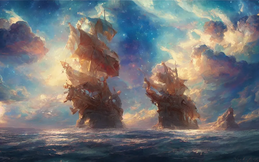 Image similar to a beautiful painting of ancient ancient building ship shining in the sea of stars and clouds, by krenz cushart, trending on artstation. colorful color scheme