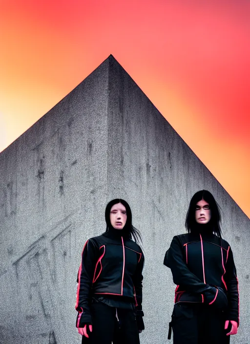 Prompt: cinestill 5 0 d photograph of 2 women wearing black techwear in front of a brutalist sharp - edged metal building, closeup, on a desolate plain with a red sky, dystopia, cyberpunk, 4 k, 8 k, depth of field, high resolution, realistic faces, hd, raw