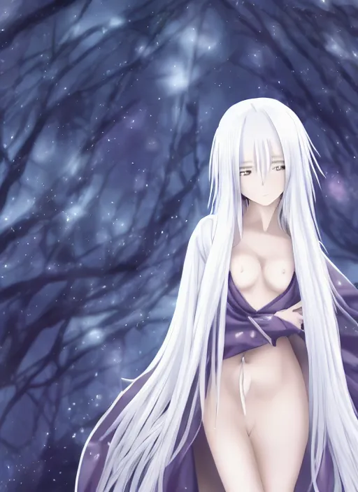 Image similar to thin anime girl with silver hair so pale and wan!, wearing robes, covered in robes, anime goddess manga, flowing hair, pale skin, young cute face, covered!!, clothed!, 4 k resolution, aesthetic!,