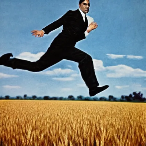 Image similar to cary grant running from a plane in a wheat field. in the background, the plane is a biplan with visible propellers and close to the ground. technicolor, 5 0 mm, hyperrealistic, extremely realistic face, highly detailed, highly intricate.