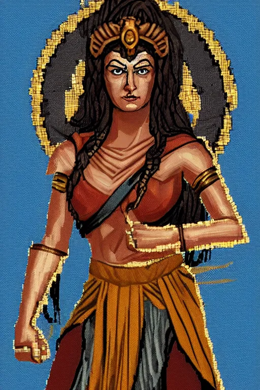 Image similar to the Greek godess Hera looking angry, rusty armor, portrait, pixel art