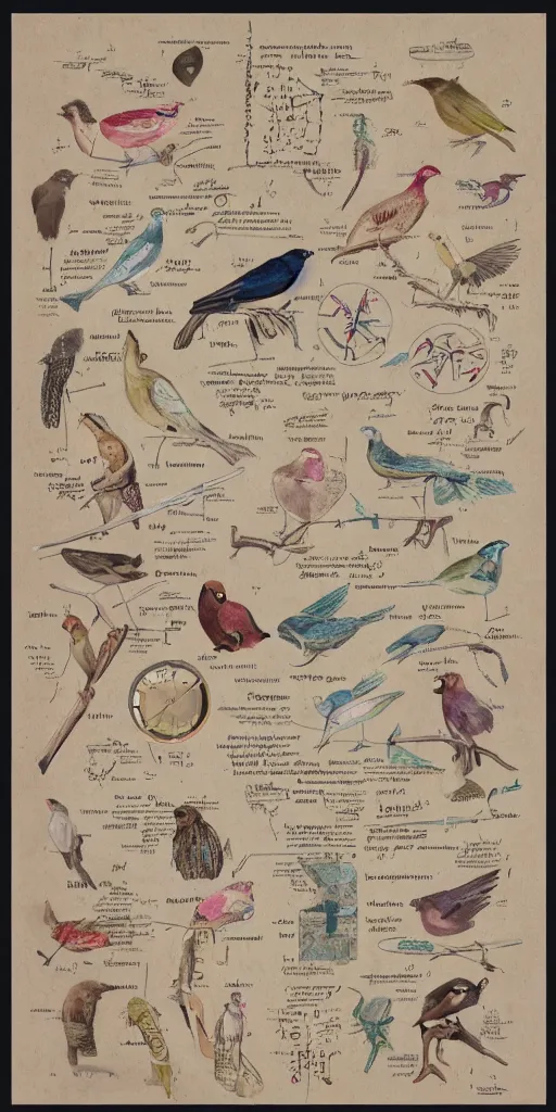 Prompt: anatomy of a bird, diagrams, map, marginalia, sketchbook, old script, inhabited initials, pastel infographic by Wes Anderson and victo ngai