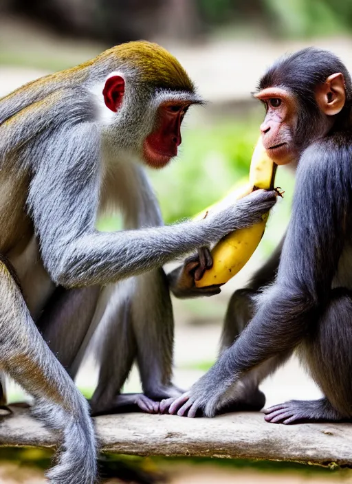 Image similar to a monkey feeds a banana to a person, color high - quality photo