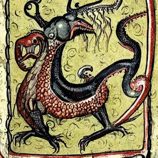 Image similar to medieval bestiary filled with uncanny grotesque beasts and freaky creatures