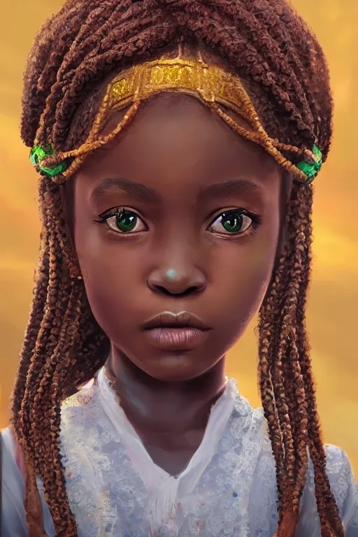 Prompt: stunning portrait of one cute little african girl with a beautiful braid and dreamy emerald eyes, wearing traditional attire and beautiful ornaments, smooth, well focused, volumetric soft lighting, afrofuturism style, artstation HD, 8K