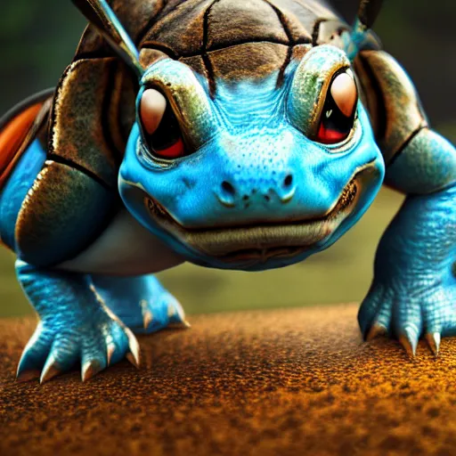 Image similar to photography of a realistic wartortle animal, ultra detailed, 8 k, cinematic lighting, natural background, trending on artstation, pokemon