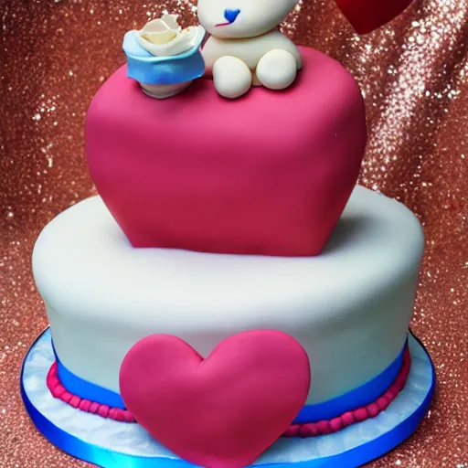 Prompt: beautiful cake with cake kitten in wheelchair holding up a broken heart decoration on top