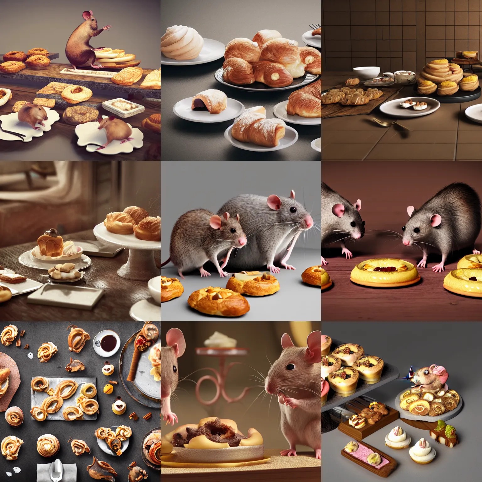 Prompt: rats feasting on pastries, octane render, detailed