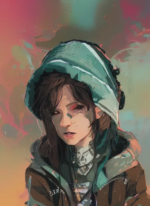 Image similar to highly detailed portrait of a cloudpunk young seattle lady, tartan hoody, by atey ghailan, by greg rutkowski, by greg tocchini, by james gilleard, by joe fenton, by kaethe butcher, gradient green, brown, blonde crea, orange, brown and white color scheme, grunge aesthetic!!! ( ( graffiti tag wall background ) )