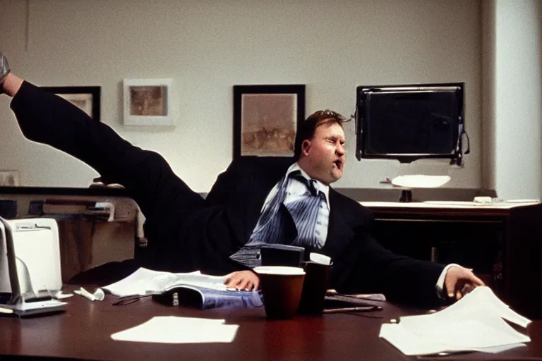 Image similar to cinematic film still from 1994 film: portly clean-shaven white man wearing suit and necktie at his desk, kicking his right foot in the air, XF IQ4, f/1.4, ISO 200, 1/160s, 8K, RAW, dramatic lighting, symmetrical balance, in-frame