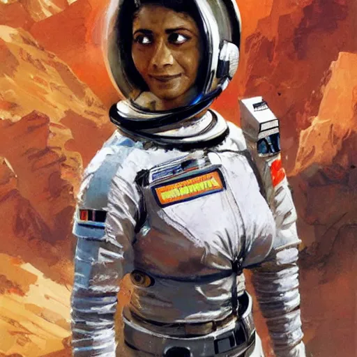 Prompt: a female space cadet from india, resting after a hard mission, happily tired, sci fi character portrait by John Berkey