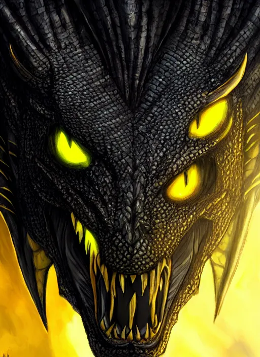 Image similar to closeup portrait of black dragon head with yellow eyes, ultra realistic, fantasy, magic, dnd,