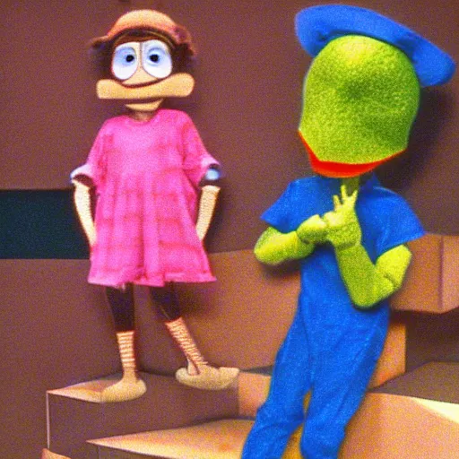 Image similar to color still from a strange 1990s kids puppet public access TV show, taped on VHS. hyperrealistic textures, creepy,