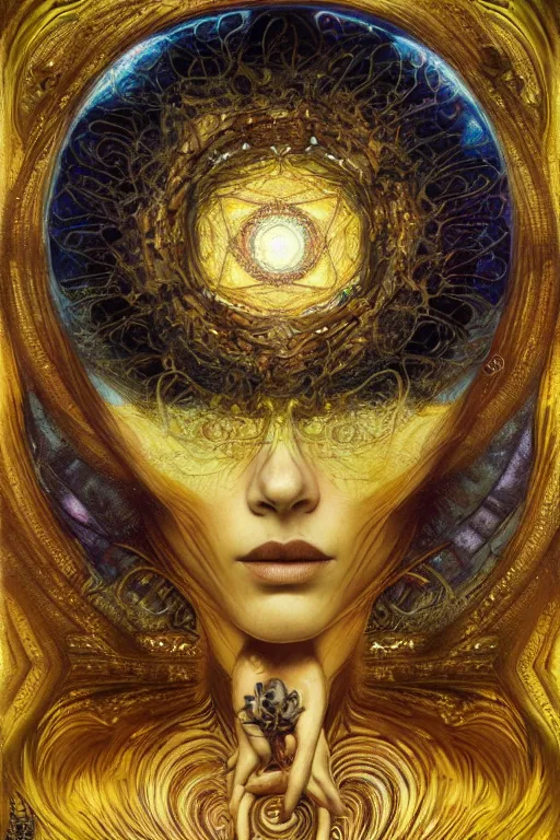 Image similar to Intermittent Chance of Chaos Muse by Karol Bak, Jean Deville, Gustav Klimt, and Vincent Van Gogh, enigma, destiny, fate, unearthly gears, otherworldly, fractal structures, arcane, prophecy, ornate gilded medieval icon, third eye, spirals