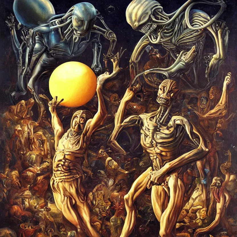 Prompt: alien atlas carrying a glowing earth. pulp sci - fi art for omni magazine. baroque period, oil on canvas. renaissance masterpiece.