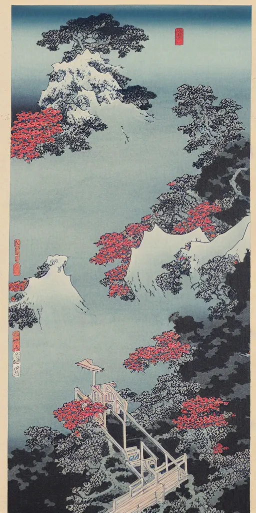 Image similar to hokusai, steps leading up to a temple, japanese style, black ink, a beautiful oil painting of a rocky valley covered in snow trees with red leaves thunderstorm in the sky blue lighting gloomy atmospheric light