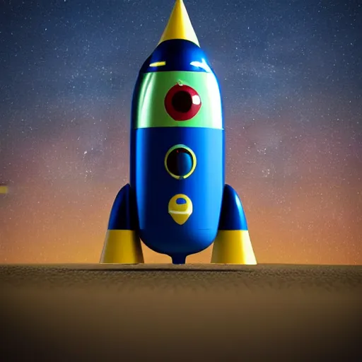 Image similar to a cute space rocket made of shiny plastic and aluminium - professional photo studio - unreal 5 - artstation trending - vintage design - dark bleu background - vignette