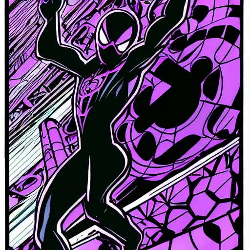 Image similar to black and purple spiderman drawn in comic book art style by steve ditko, 4 k digital art