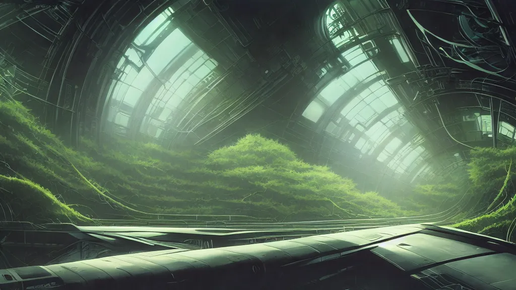 Prompt: interior of a moody sci - fi spaceship bridge, overgrown vines, dynamic shadows, dynamic lighting, dynamic colors, ilya kuvshinov, kyoani, hiroaki samura, yoshinari yoh, james jean, katsuhiro otomo, erik jones, cel shaded, anime poster