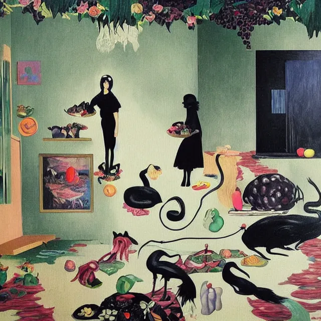 Prompt: emo catgirl artist in her lounge room, painting of flood waters inside an artist's loungeroom, a river flooding indoors, pomegranates, pigs, ikebana, water, octopus, river, rapids, waterfall, black swans, canoe, berries, acrylic on canvas, surrealist, by magritte and monet