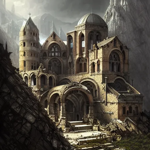 Prompt: concept art of a ruined post - apocalyptic monastery at the top of a mountain, ultra realistic, concept art, intricate details, eerie, highly detailed, photorealistic, octane render, 8 k, unreal engine. art by artgerm and greg rutkowski and alphonse mucha