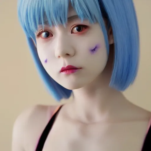 Image similar to Rei Ayanami from Neon Genesis Evangelion, live action, portrait shot,