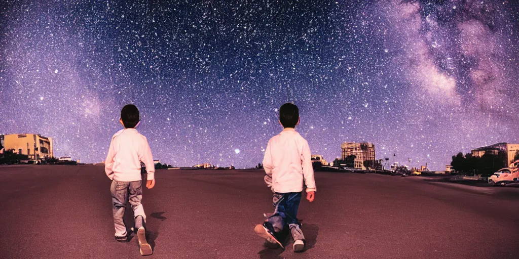 Image similar to color photo of a boy walking down a city in space, sky is full of stars
