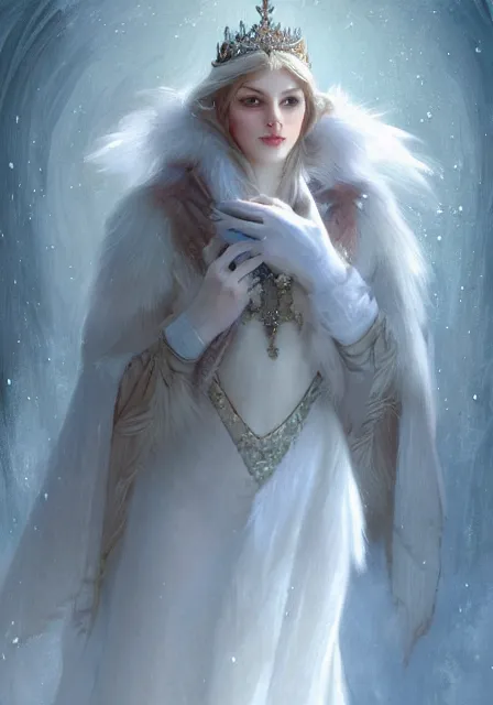 Image similar to snow queen in furry ice, intricate, elegant, highly detailed, digital painting, artstation, concept art, smooth, sharp focus, illustration, art by artgerm and greg rutkowski and alphonse mucha and william - adolphe bouguereau