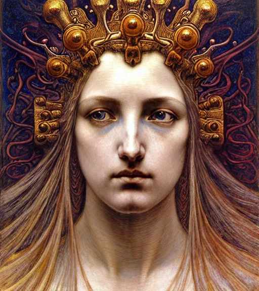 Image similar to detailed realistic beautiful young medieval queen of mars face portrait by jean delville, gustave dore and marco mazzoni, art nouveau, symbolist, visionary, gothic, pre - raphaelite. horizontal symmetry by zdzisław beksinski, iris van herpen, raymond swanland and alphonse mucha. highly detailed, hyper - real, beautiful