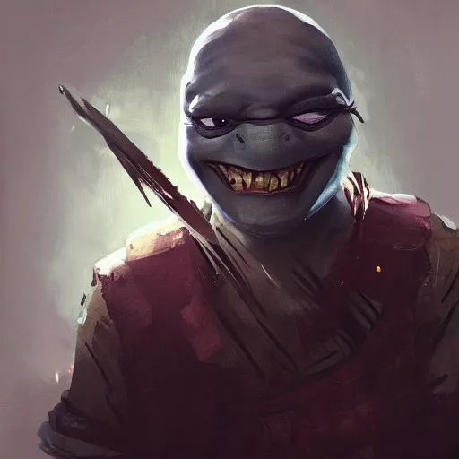 Image similar to portrait painting of our it guy, teenage mutant ninja turtle donatello, painted by greg rutkowski, dishonored 2