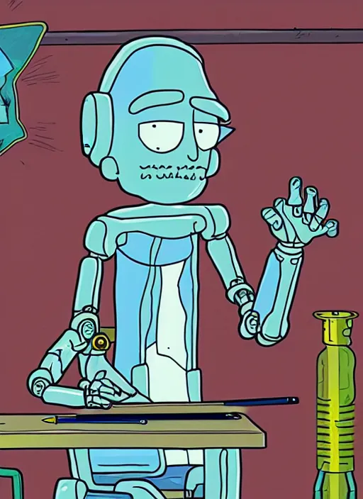 Prompt: a robot trying to draw a human hand, rick and morty art style illustration, justin roiland, dan harmon, location is a science fiction planet