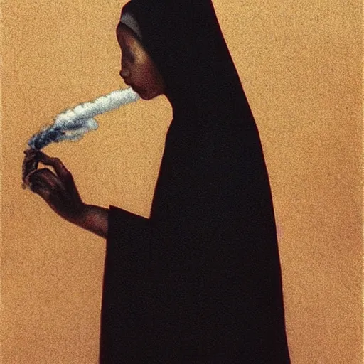 Image similar to a young black nun smoking and puffing lots of smoke, minimalistic background, by Beksinski