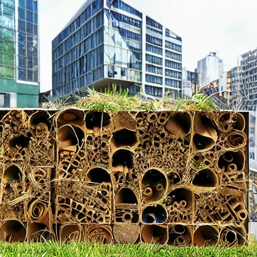 Image similar to insect hotel combined with modern buildings, cityscape, photograph