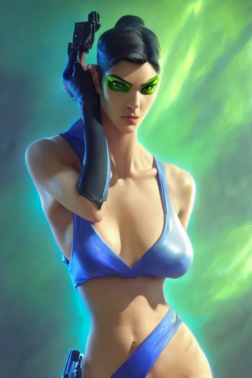 Image similar to painting of widowmaker from overwatch, closed swimsuit, green blue skin color, ultra realistic, sharp details, subsurface scattering, intricate details, warm lighting, beautiful features, highly detailed, photorealistic, octane render, 8 k, unreal engine, art by artgerm and greg rutkowski and alphonse mucha