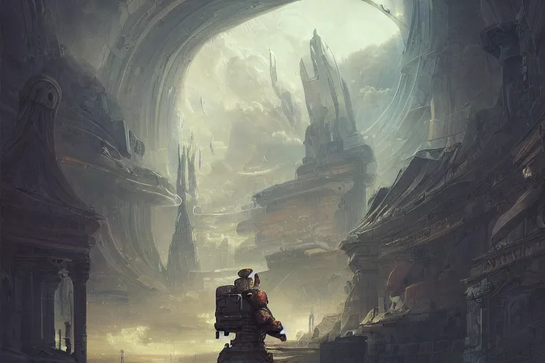 Image similar to a man in futuristic space suit looking at ancient renaissance florence italy through a time travel spaceship window, scifi, serene, refined, by wlop, peter mohrbacher, jakub rebelka, visually stunning, beautiful, masterpiece