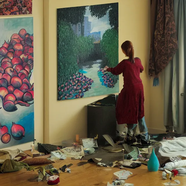 Image similar to female emo art student in her apartment, painting of flood waters inside an artist's feminine bedroom, a river flooding indoors, pomegranates, pigs, ikebana, water, octopus, river, rapids, waterfall, black swans, canoe, berries, zen, acrylic on canvas, surrealist, by magritte and monet