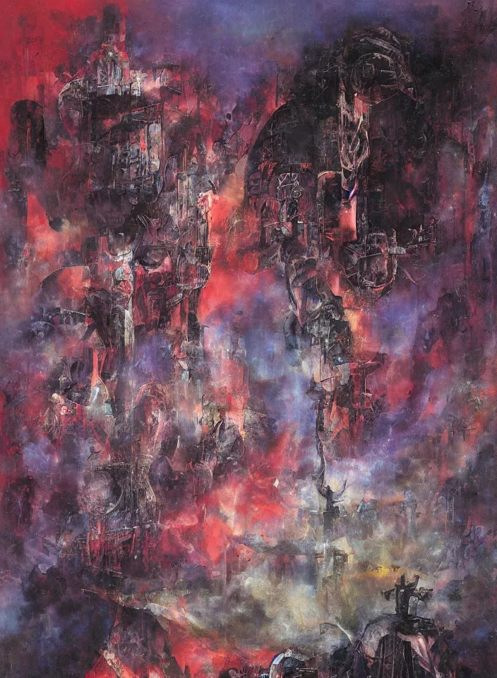 Image similar to the blind liberty of the few, red and purple palette, volume light, fog, by mimmo rotella by ( h. r. giger ) and paul lehr