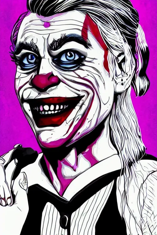 Image similar to joaquin phoenix as joker and lady gaga as harley quin love each other, fix duplicate content!, violet polsangi pop art, gta chinatown wars art style, bioshock infinite art style, incrinate, realistic anatomy, hyperrealistic, two colors, white frame, content proportion