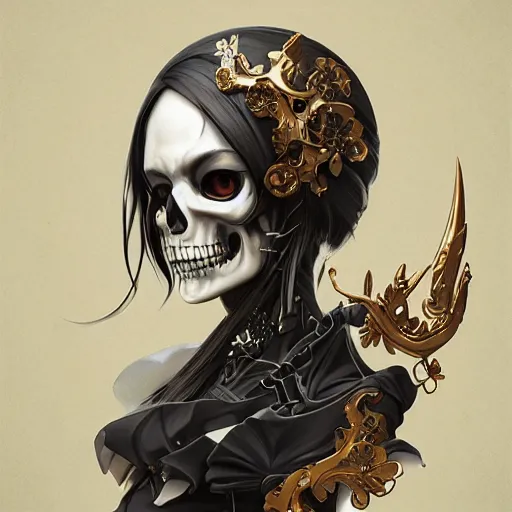 Prompt: anime manga skull portrait young woman skeleton, miffy, unreal engine, intricate, elegant, highly detailed, digital art, art by JC Leyendecker and sachin teng