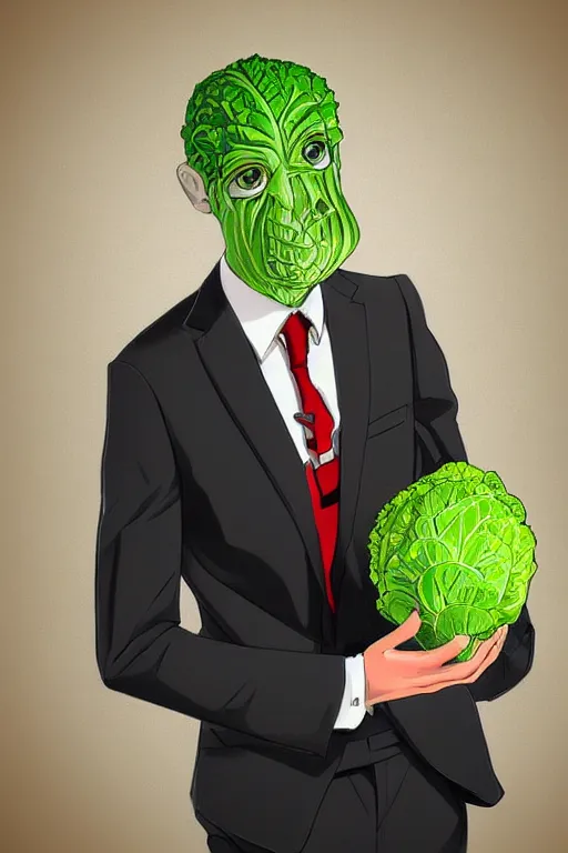 Image similar to man with suit and tie, with a cabbage for a face, symmetrical, highly detailed, digital art, sharp focus, trending on art station, anime art style