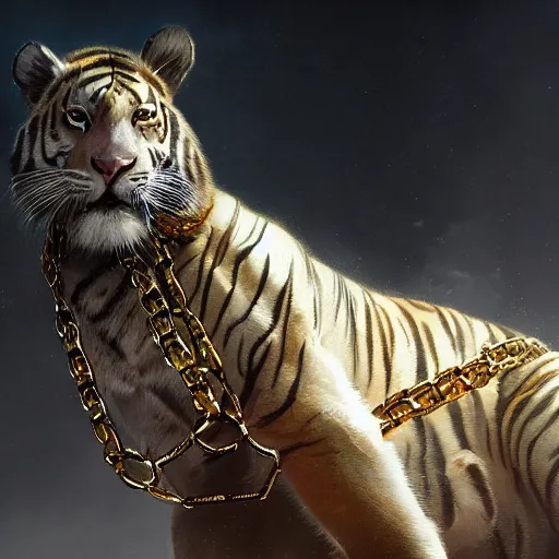 Prompt: an aesthetic award winning commission portrait of an anthro albino tiger wearing a golden chain around the neck and a black puffed jacket,digital art,art by greg rutkowski,ross tran,character design by charles bowater,photorealistic,detailed face,western comic,professional lighting,fantasy,deviantart,artstation