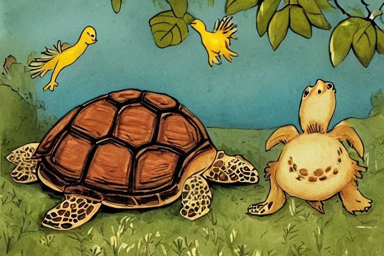 Image similar to turtle and chick, children's book illustration, beautiful