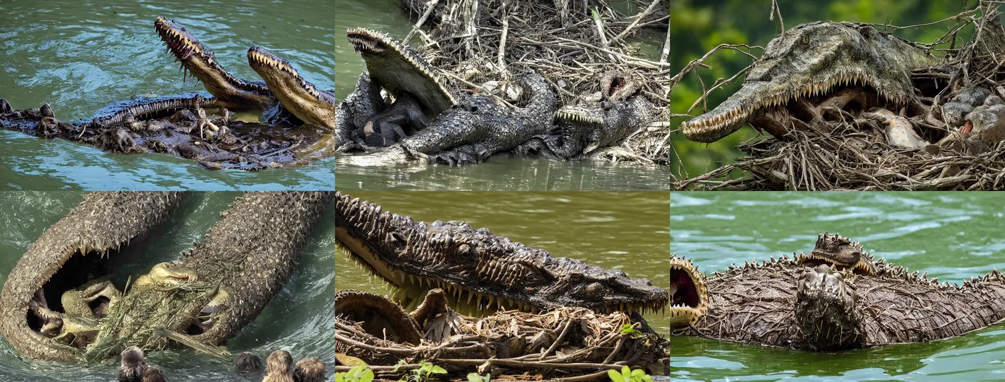 Prompt: closeup of a Sarcosuchus feeding its nestlings at the nest, still from the BBC Earth documentary (2018)