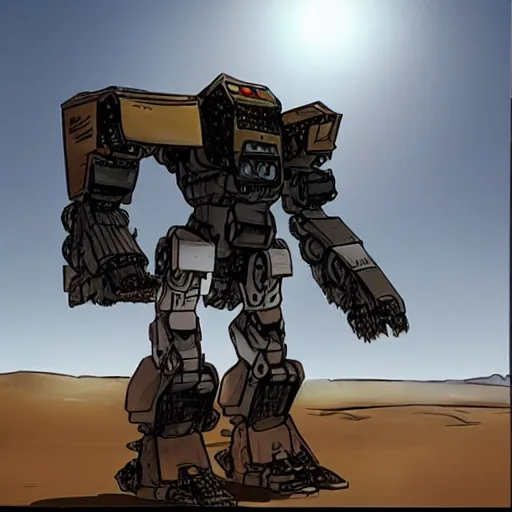 Prompt: Sketch of a Battletech mecha lance, standing on a desert