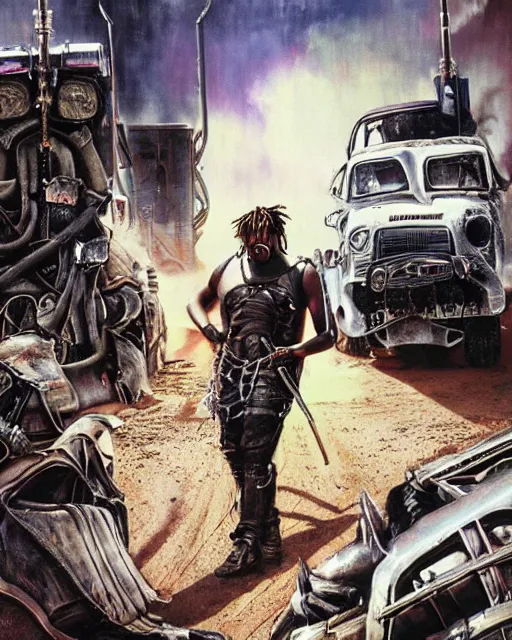 Image similar to juice wrld in dystopian raider mad max post apocalpytic, airbrush, drew struzan illustration art, key art, movie poster