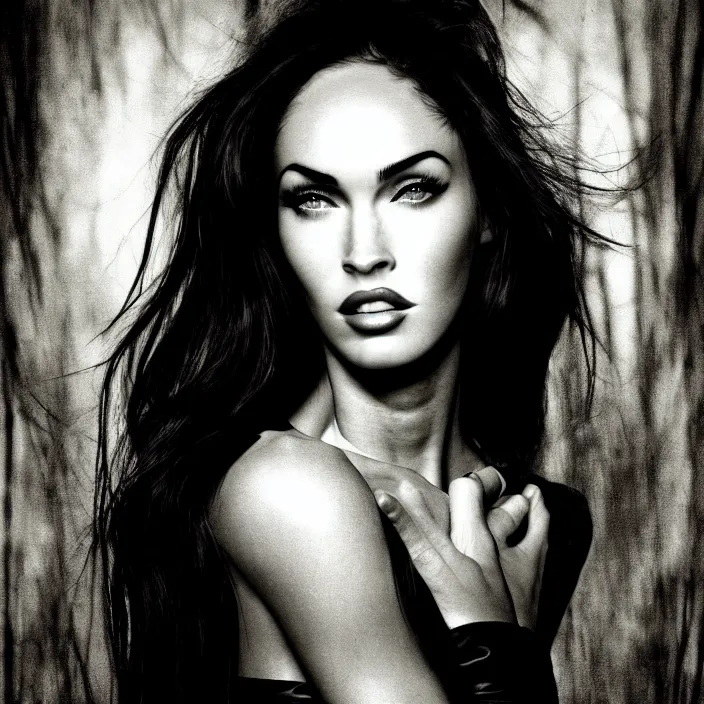 Image similar to photography face portrait of a beautiful woman like megan fox, black and white photography portrait, skin grain detail, high fashion, studio lighting film noir style photography, by richard avedon, and paolo roversi, nick knight, hellmut newton, nobuyo araki, on a tropical wallpaper exotic patern background