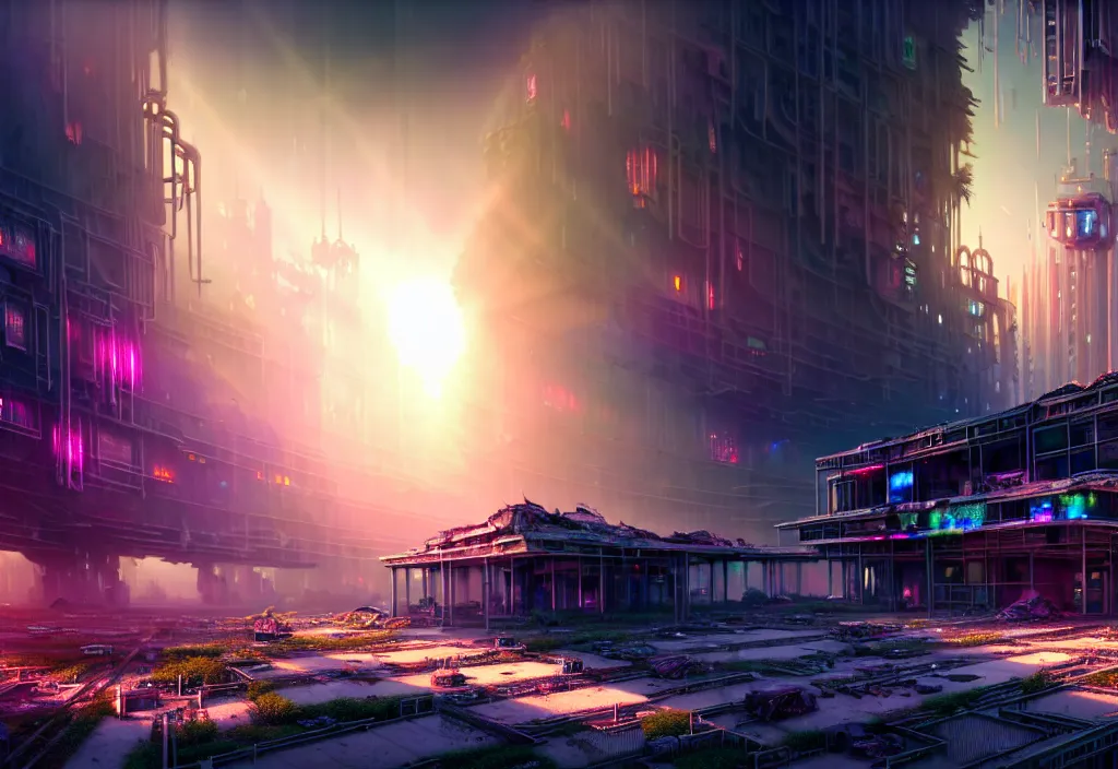 Image similar to A highly detailed crisp unreal engine render of wide view photo of A beautiful futuristic cyberpunk abandoned dystopia city building with futuristic bright lights, plants allover , godray, sunlight breaking through clouds, clouds, debris on the ground, abandoned machines bright happy colors, chaotic , nitid horizon, factory by wangchen-cg, 王琛,Neil blevins, artstation, Gediminas Pranckevicius