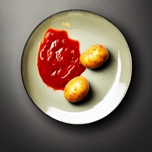 Prompt: El Bulli dish - Potato with Ketchup, food photography, award winning, mind-bending